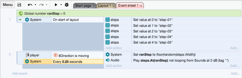 Construct Event Sheet for randomized audio